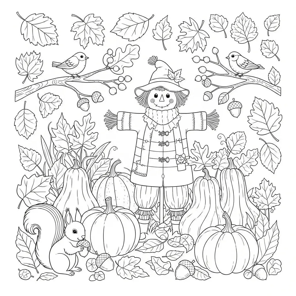 cute fall coloring page of a scare crow in a pumpkin patch
