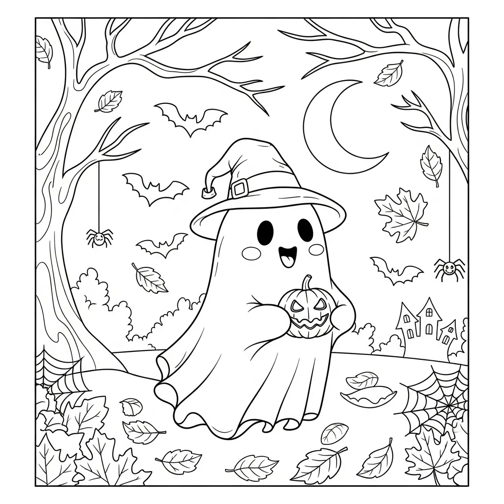 halloween coloring page of a cute ghost wearing a witch's hat