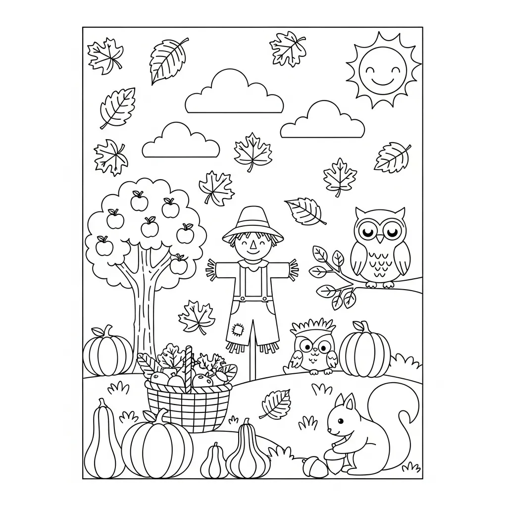 fall coloring page for kids of a scare crow in a garden