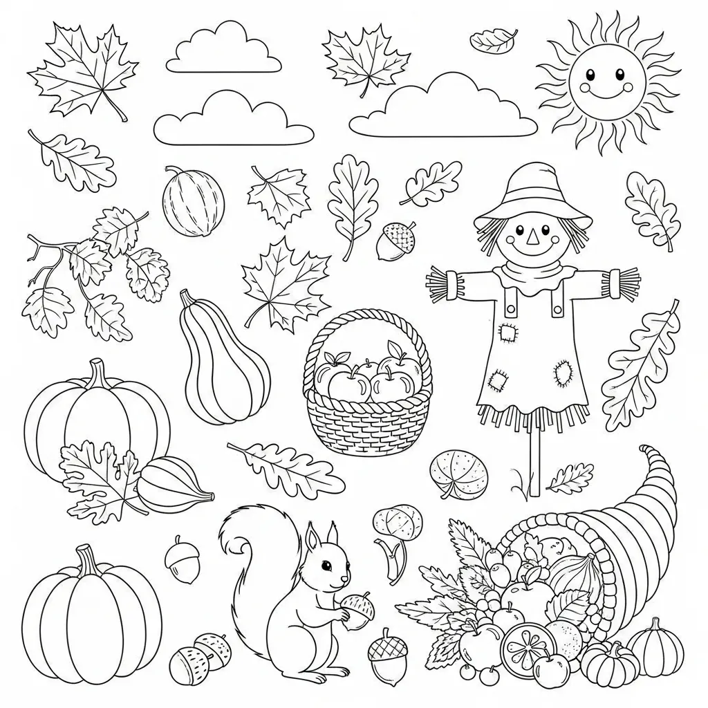 adult coloring page of a fall items like pumpkins, acorns, corn, leaves, and warm beverages