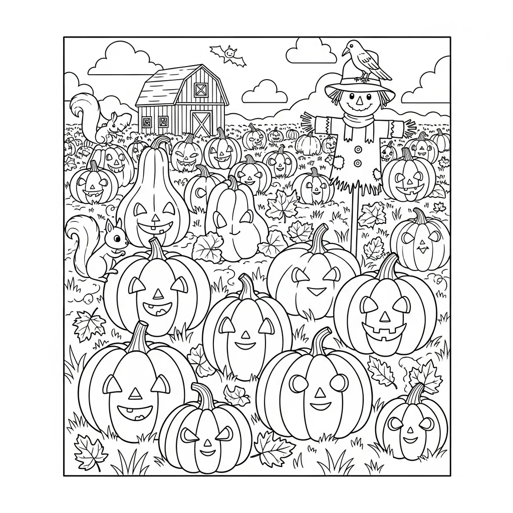 fall coloring page for kids of a scarecrow in a pumpkin patch