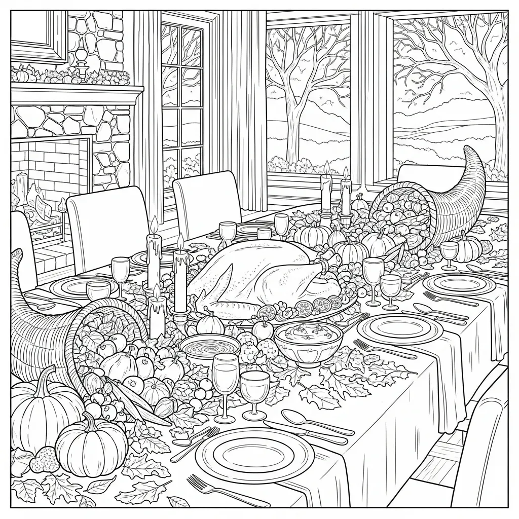 coloring page of a thanksgiving table with a cornucopia