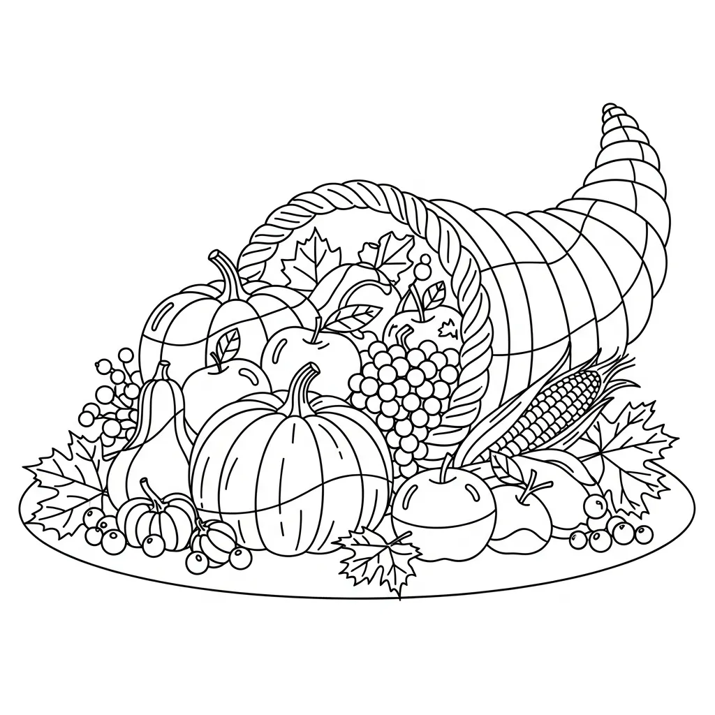 coloring page of a thanksgiving cornucopia