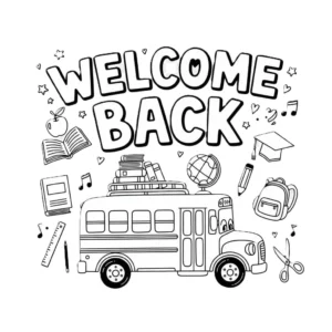 Black and white drawing of a school bus and school supplies for clipart