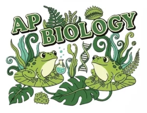 Green frogs, leaves, and a double helix with the words AP Biology