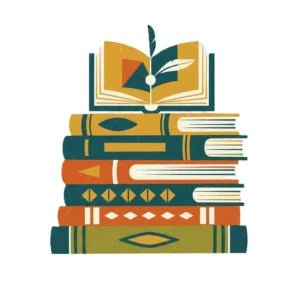 Stack of books with teal, rust, and gold covers and geometric accents