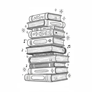 Stack of 11 books in a hand-drawn illustration style