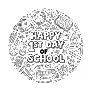 Happy 1st Day of School message with school supplies
