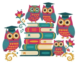 Pink and teal owls and books with yellow details and folk-art-style flowers