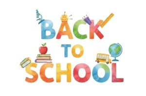 The words Back to School painted in watercolor and decorated with school supplies for clipart