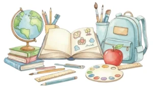 Watercolor style illustration of a backpack, globe, books, paints, and pencils