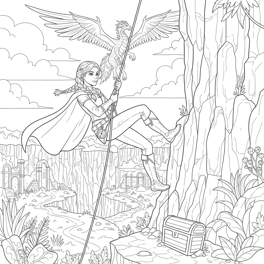 coloring page of a princess scaling a cliff with a dragon in the background