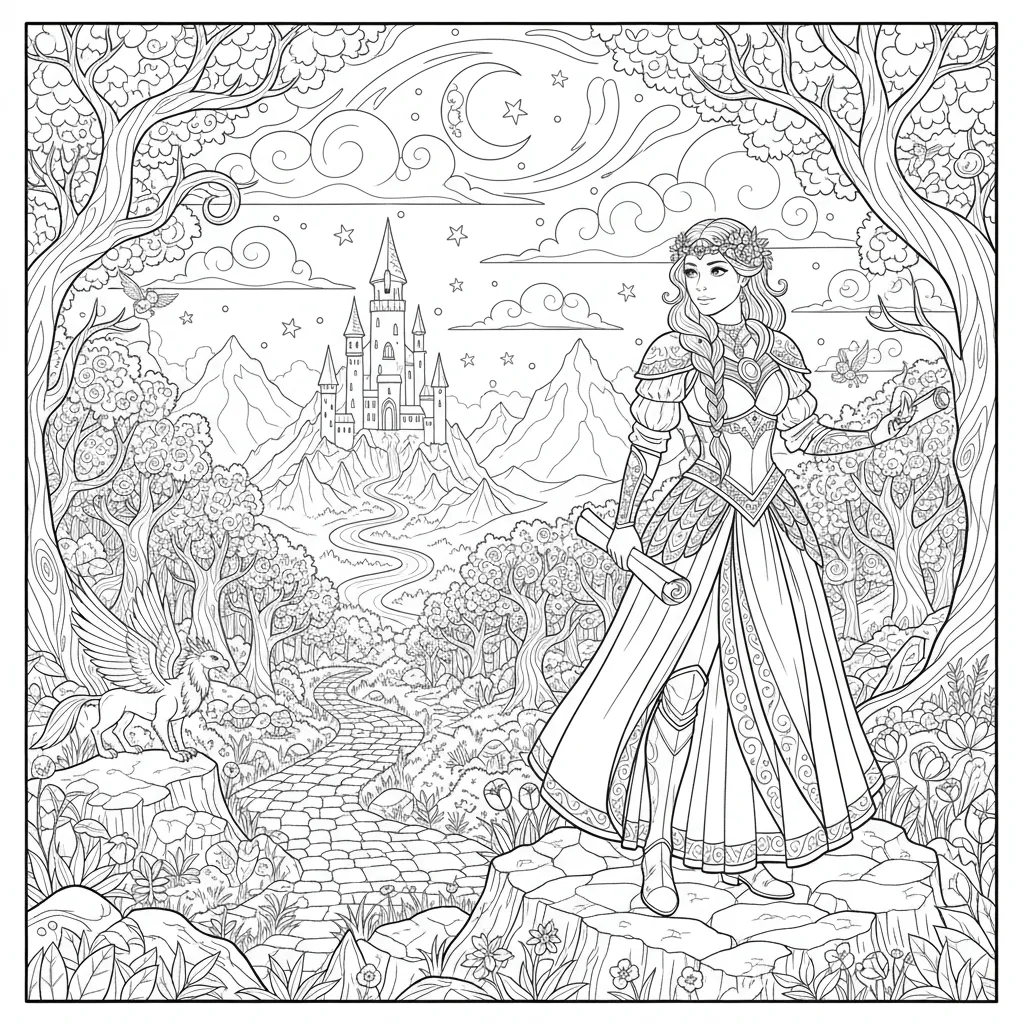 coloring page of a princess outside a castle
