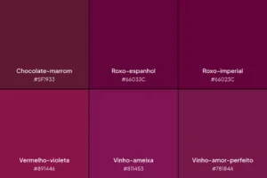 Paleta com 6 tons da cor vinho: chocolate-marrom, roxo-espanhol, roxo-imperial, vermelho-violeta, vinho-ameixa e vinho-amor-perfeito.
