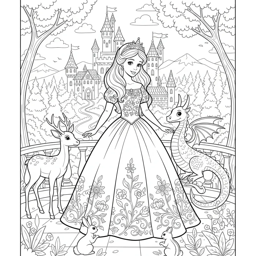 coloring page of a fairytale princess with a dragon and woodland creatures