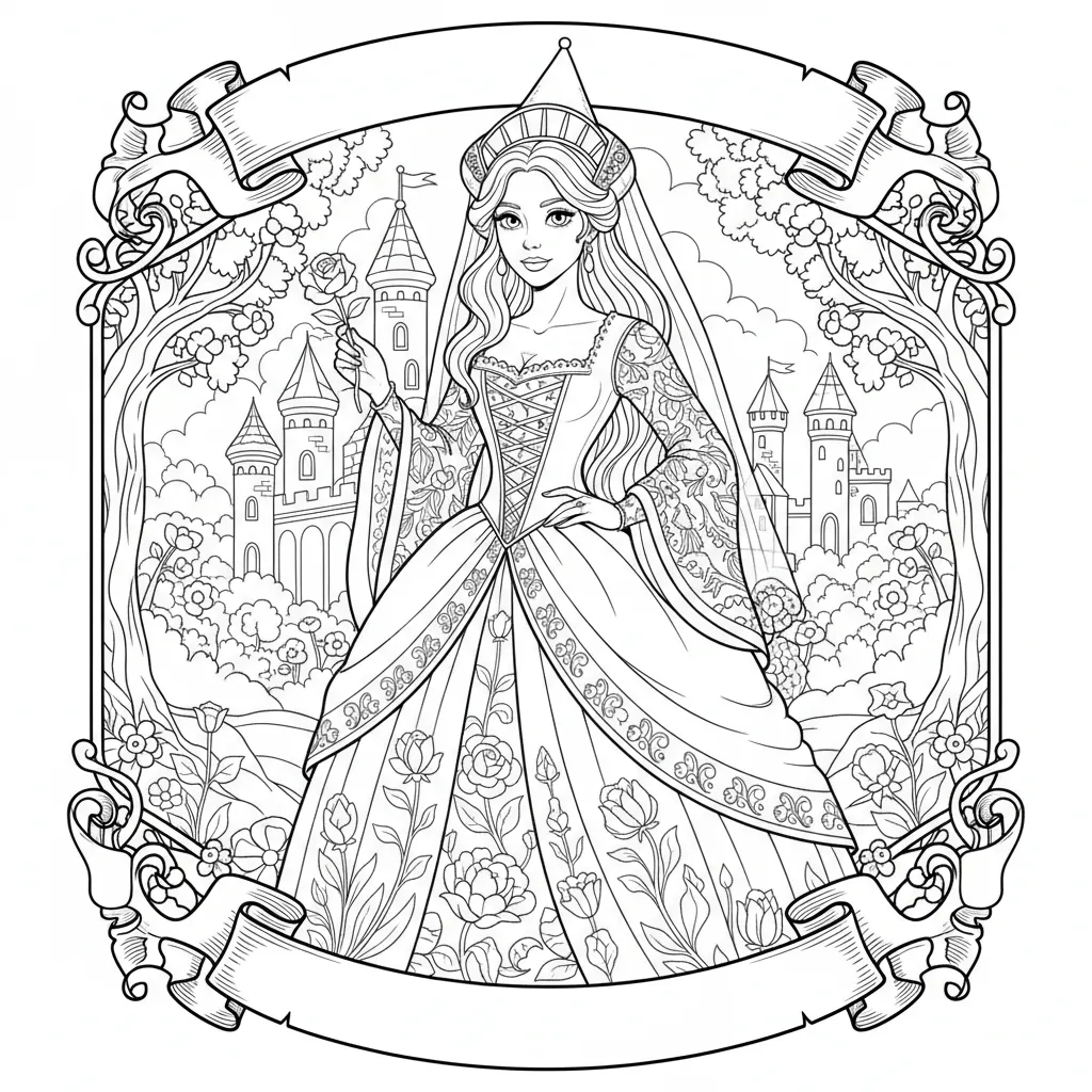 coloring page of a fairytale princess