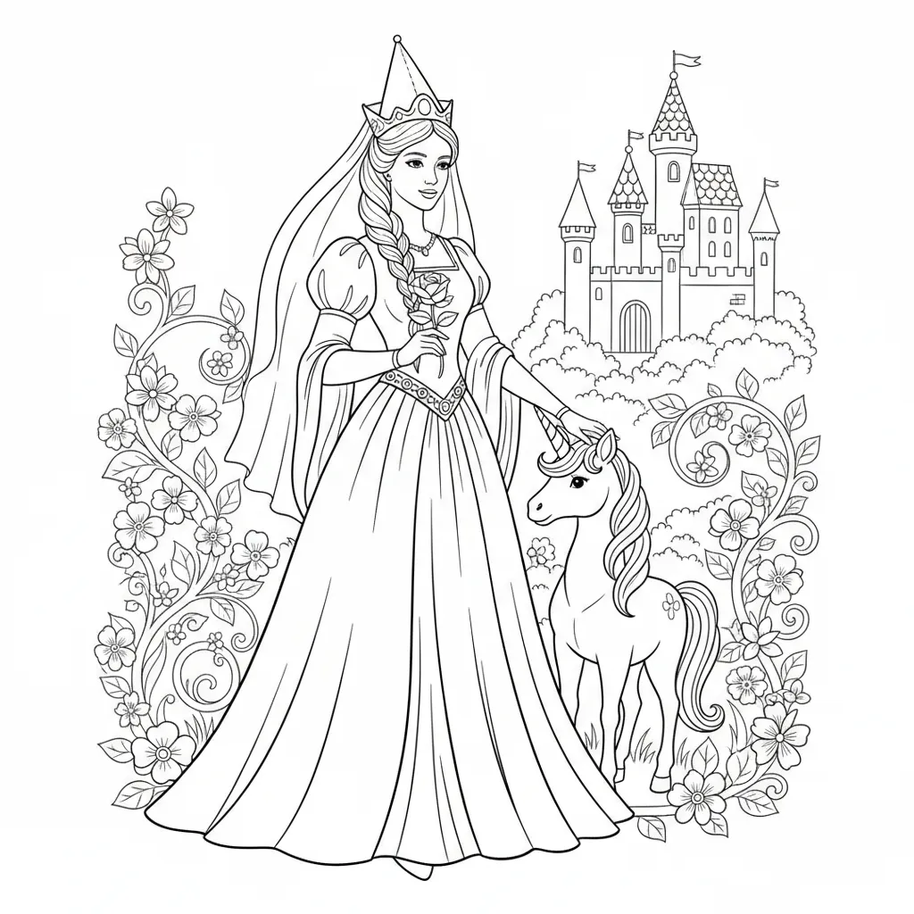 medieval inspired fairytale princess coloring page