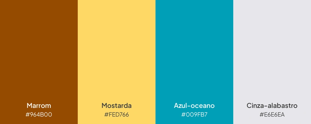 Paleta com 4 cores: marrom, mostarda, azul-oceano e cinza-alabastro.