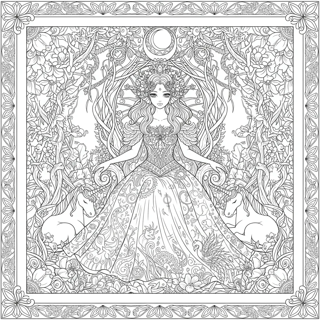 princess coloring page for adults of a princess with elaborate patterns surrounding her