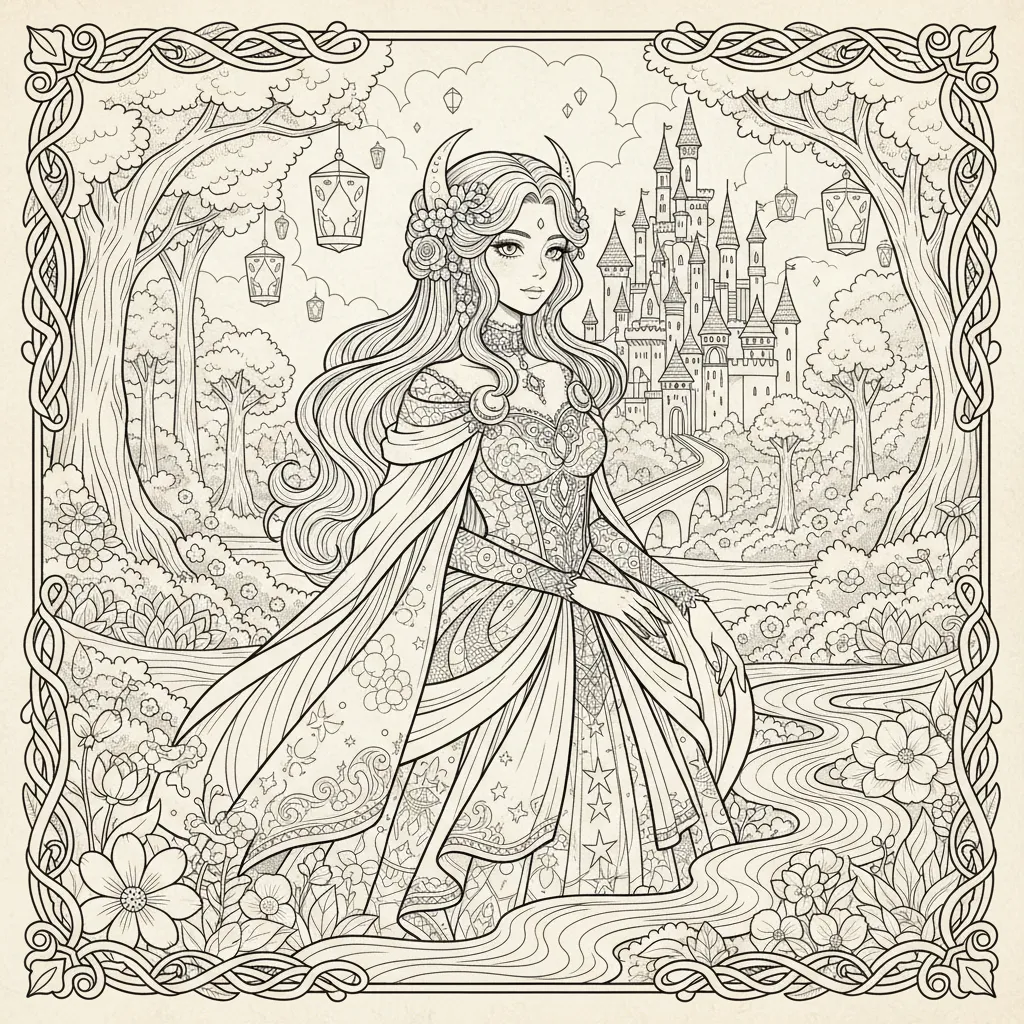 anime style princess coloring page for adults