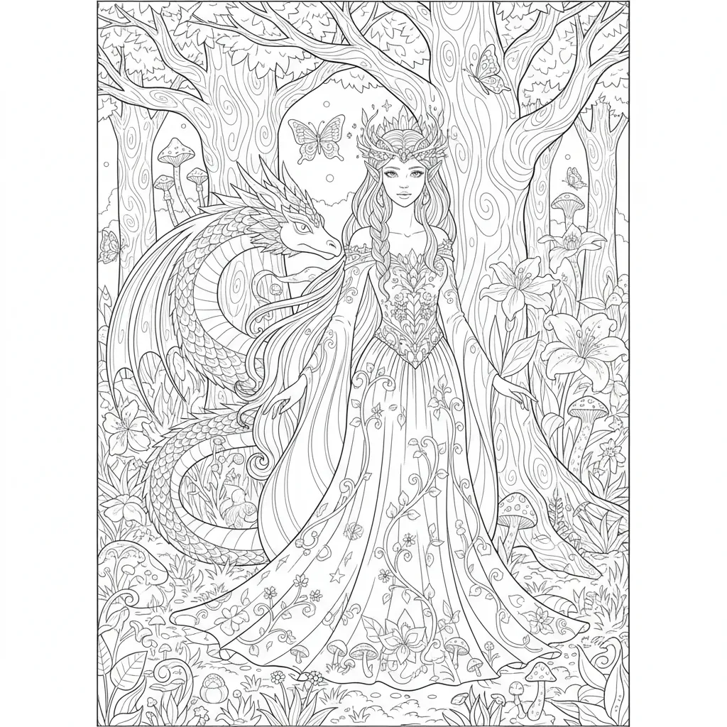 princess coloring page for adults featuring a dragon
