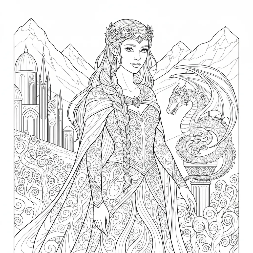 princess coloring page for adults featuring a dragon