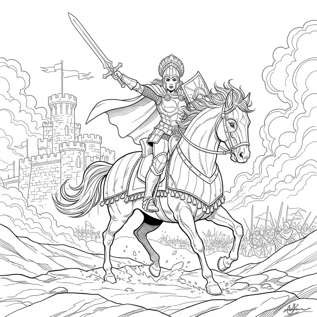 coloring page of a warrior princess on her horse