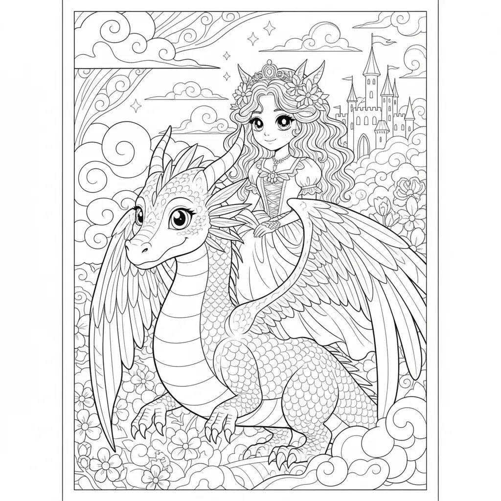 princess coloring page of a princess with a dragon