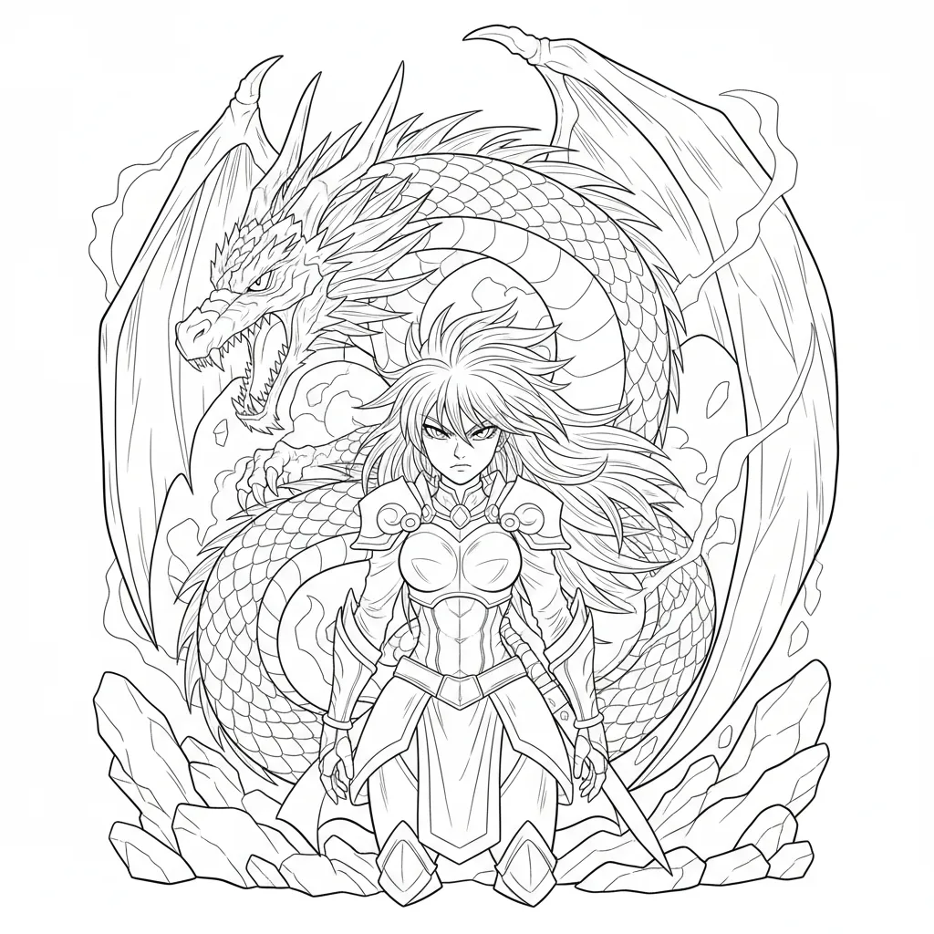 anime style princess coloring page featuring a dragon