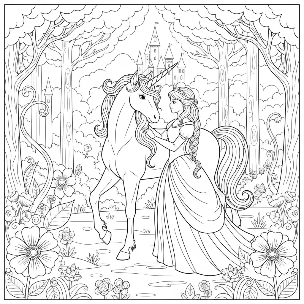 coloring page of a princess with a unicorn