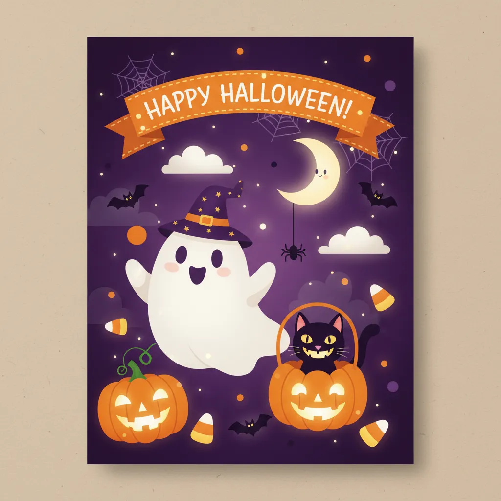 cute halloween card that depicts jack o lanterns, cute ghosts, and a a black cat characters and the words happy halloween