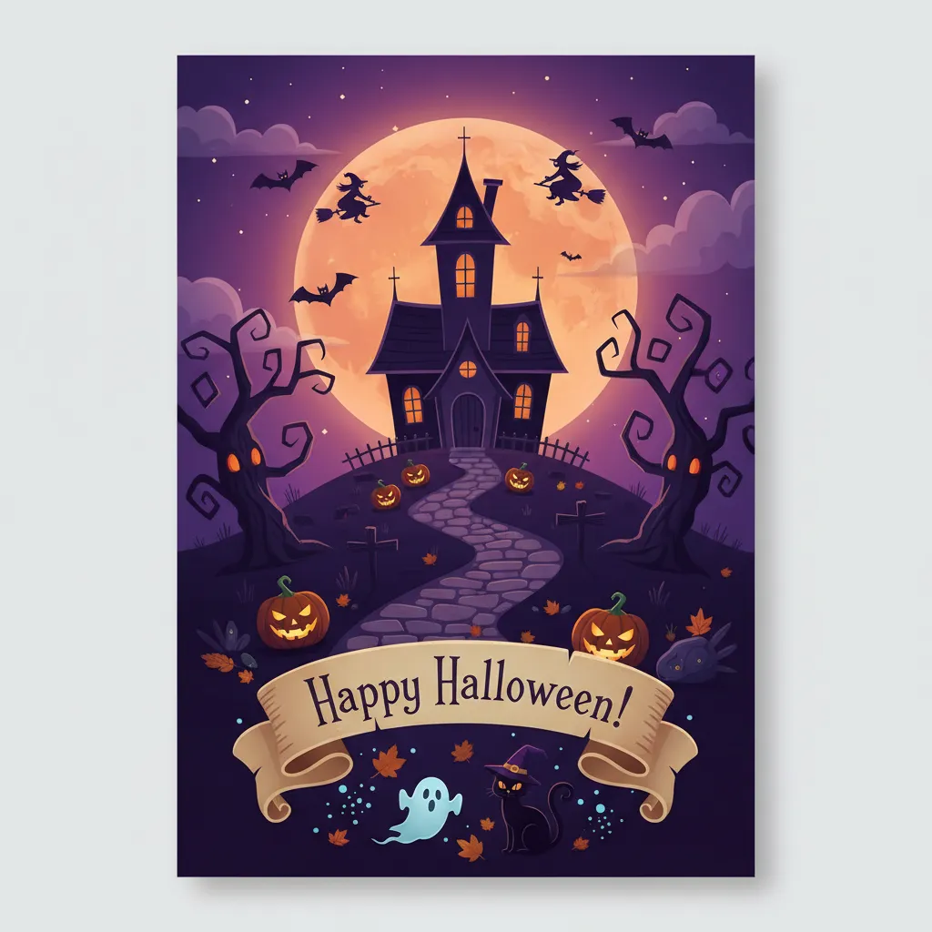 halloween card featuring a haunted house and the words happy halloween.