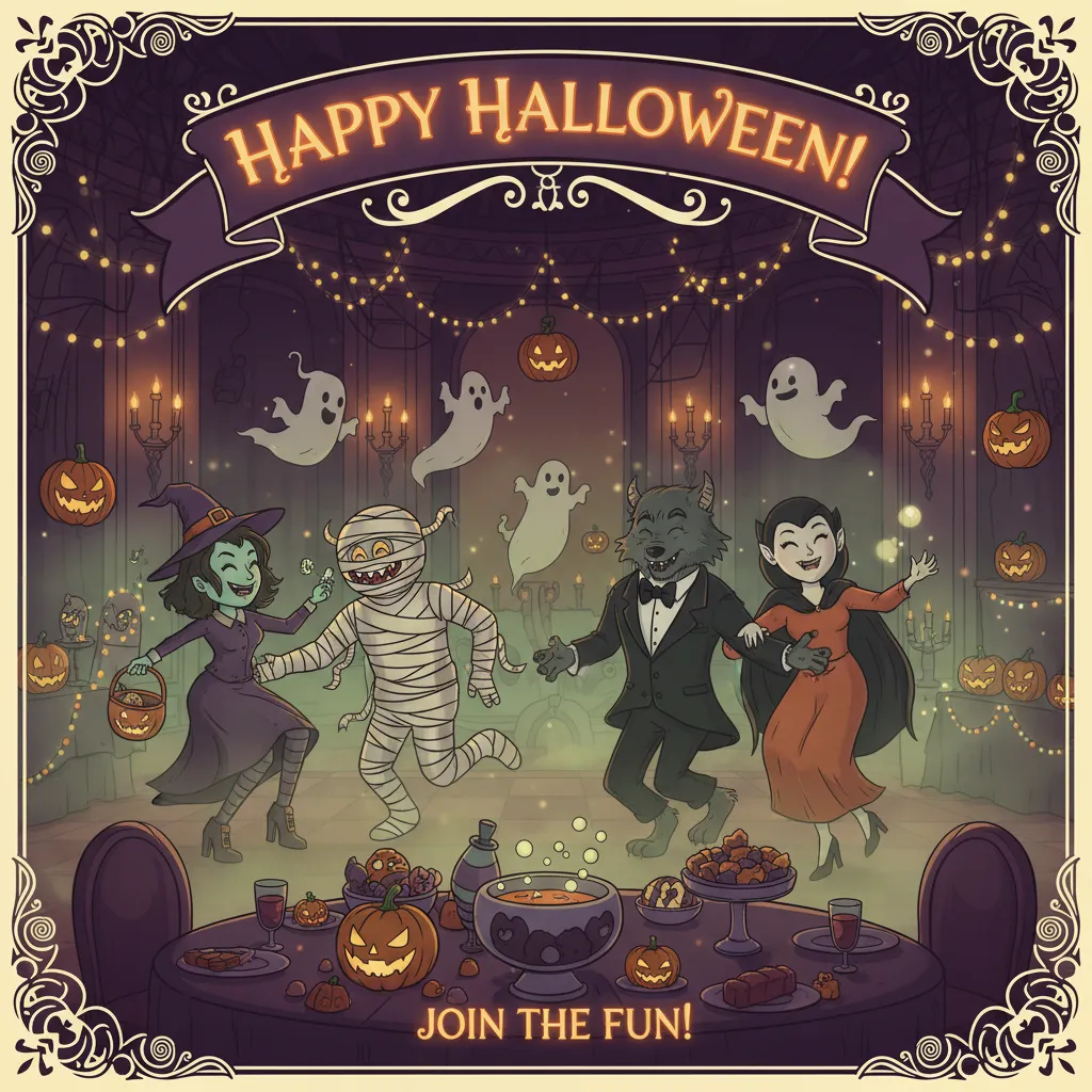 halloween card featuring a haunted party and the words happy halloween join the fun.