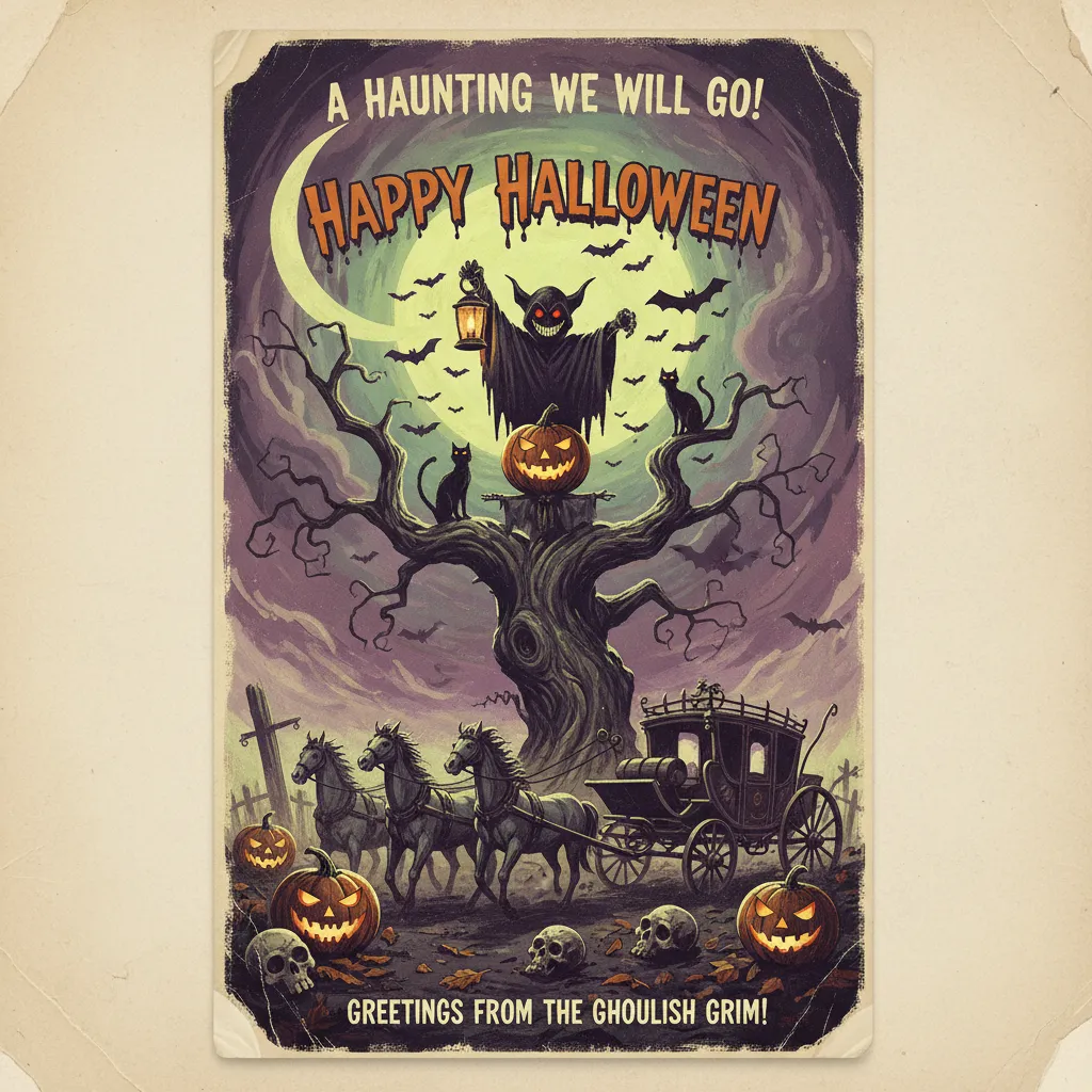 pulp themed halloween card depictinga spooky scene with the words a haunting we will go happy halloween greetings from ghoulish grim