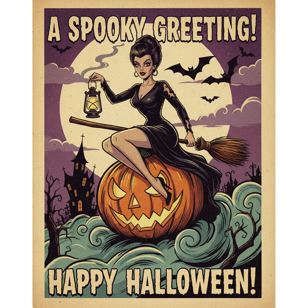 pulp themed halloween card depicting retro style witch with the words a spooky greeting happy halloween.